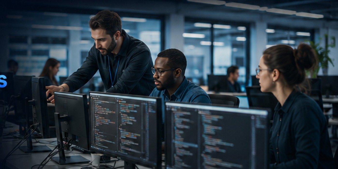 Software development professionals working in a modern technology workspace