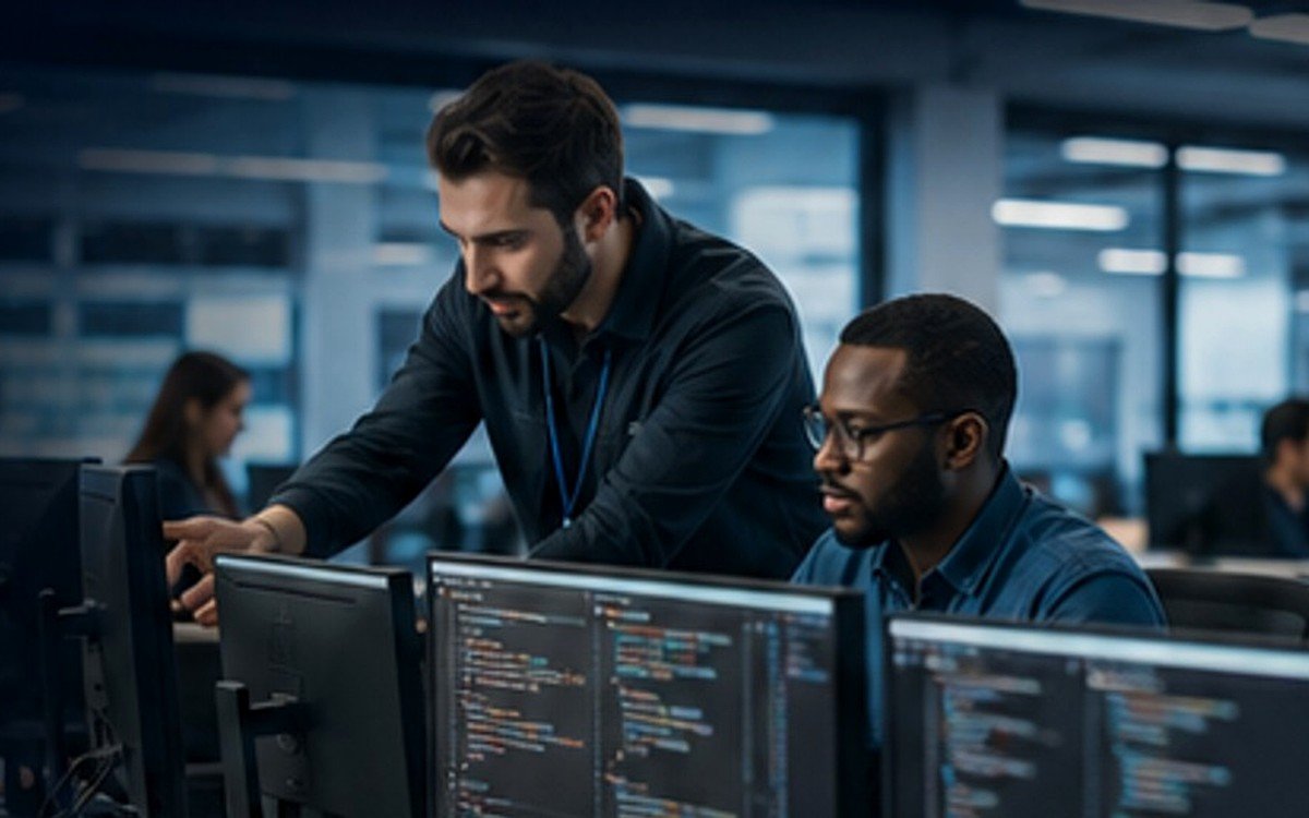 Technology professionals collaborating on a software project